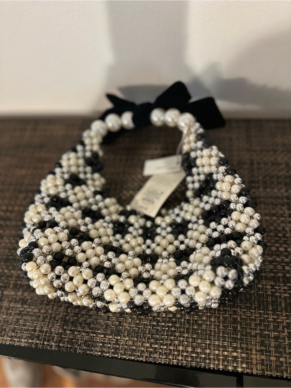 NWT A New Day Black & White Beaded Checkered Shoulder Bag with Bow Pearl - Picture 8 of 12